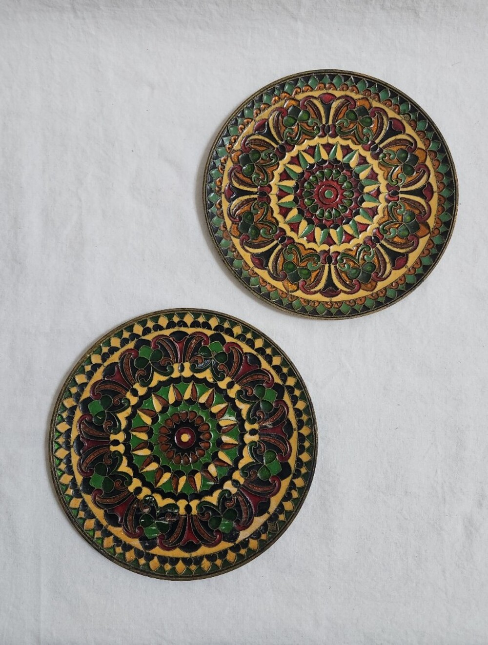 Vintage Pair of Byzantine Mosaic Enamel Brass Wall Plates